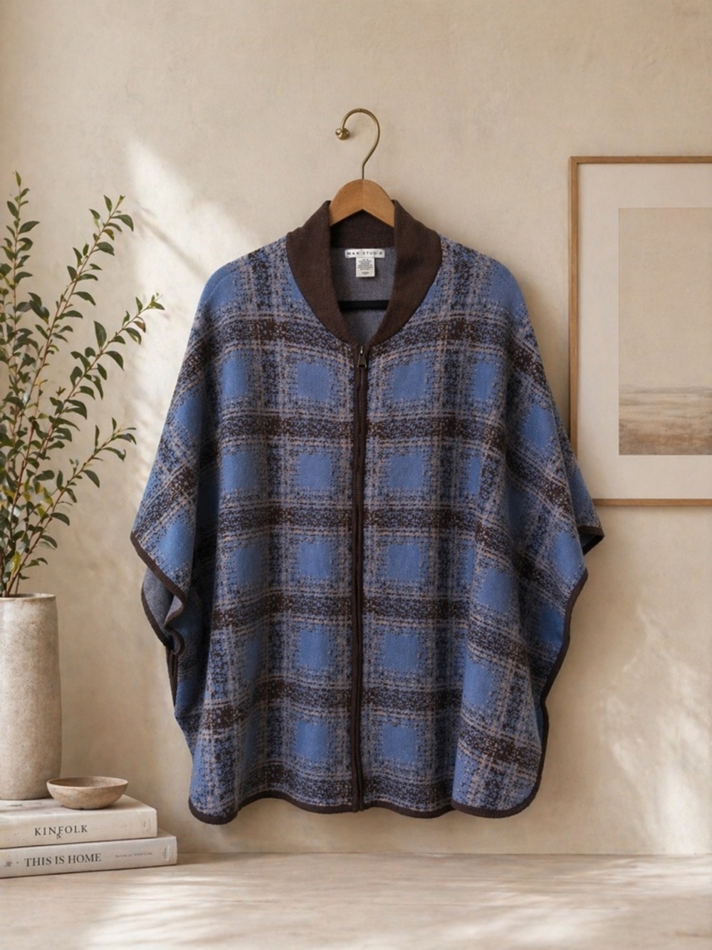Max Studio Plaid Cape Cardigan Oversized Cozy Fall Layering One Size - Picture 4 of 4